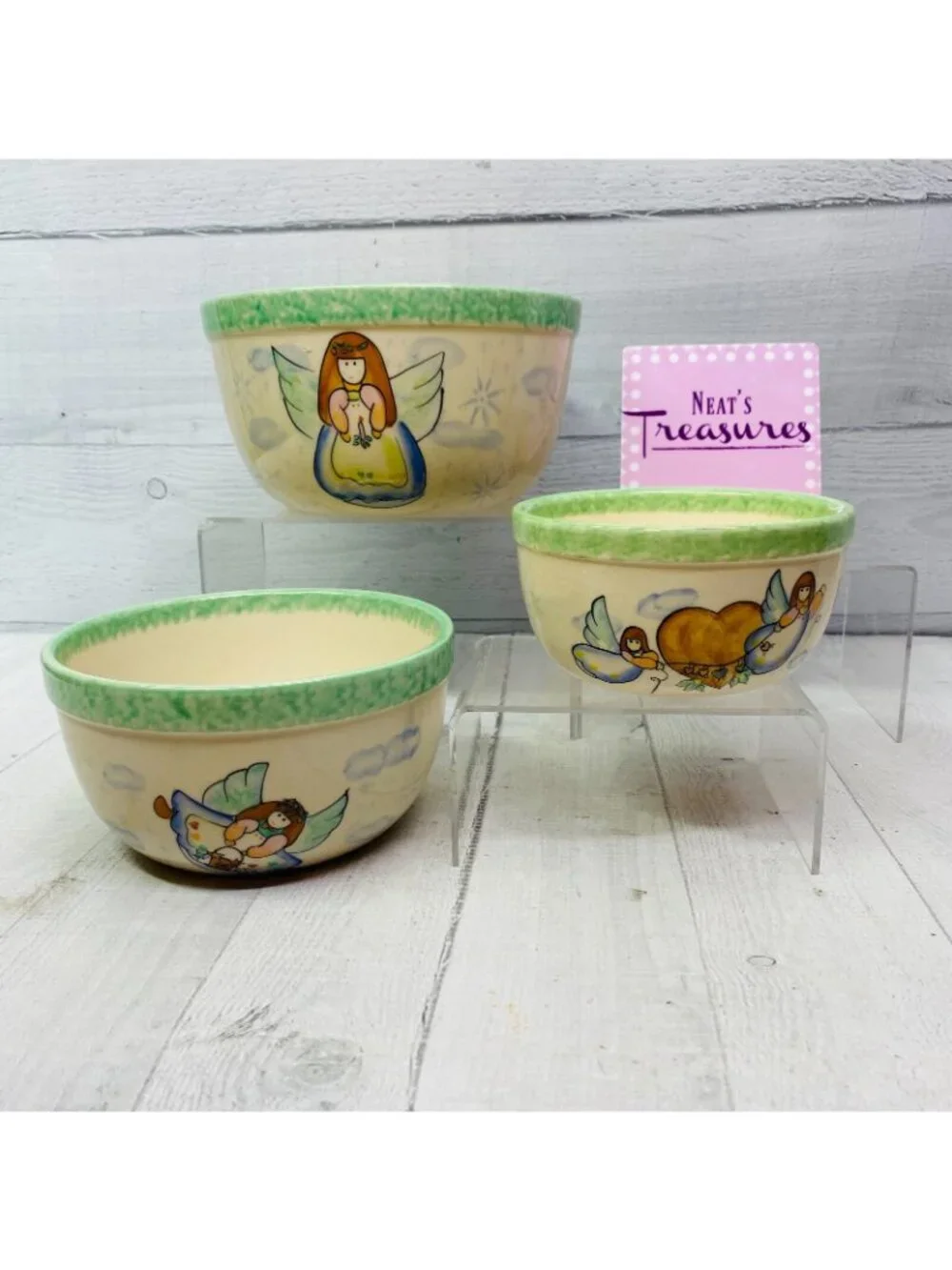 Vintage Vital Unit ANGELS GREEN SPONGE Clouds Stars Stoneware Nesting Bowl Set 3